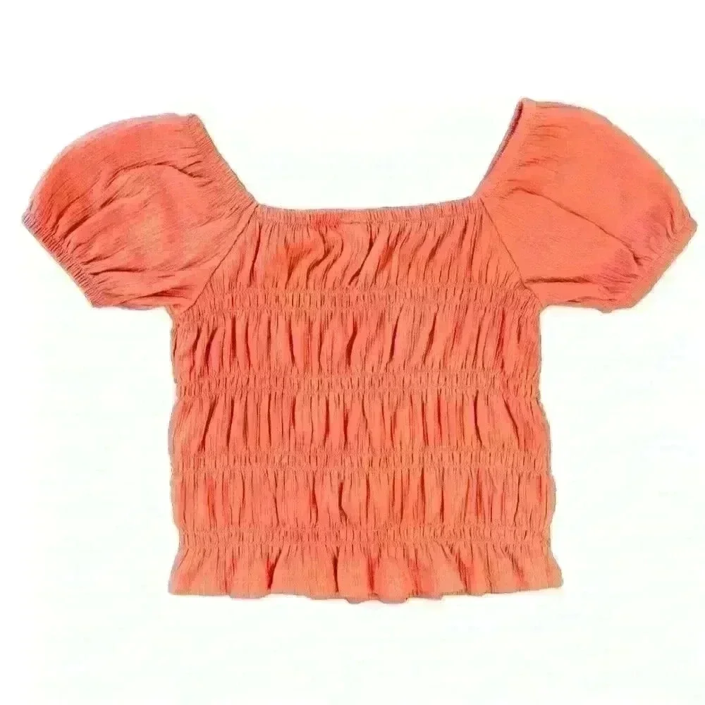 Old Navy Girls Smocked Crop Top Size Small 6-7 Orange Short Puff Sleeve